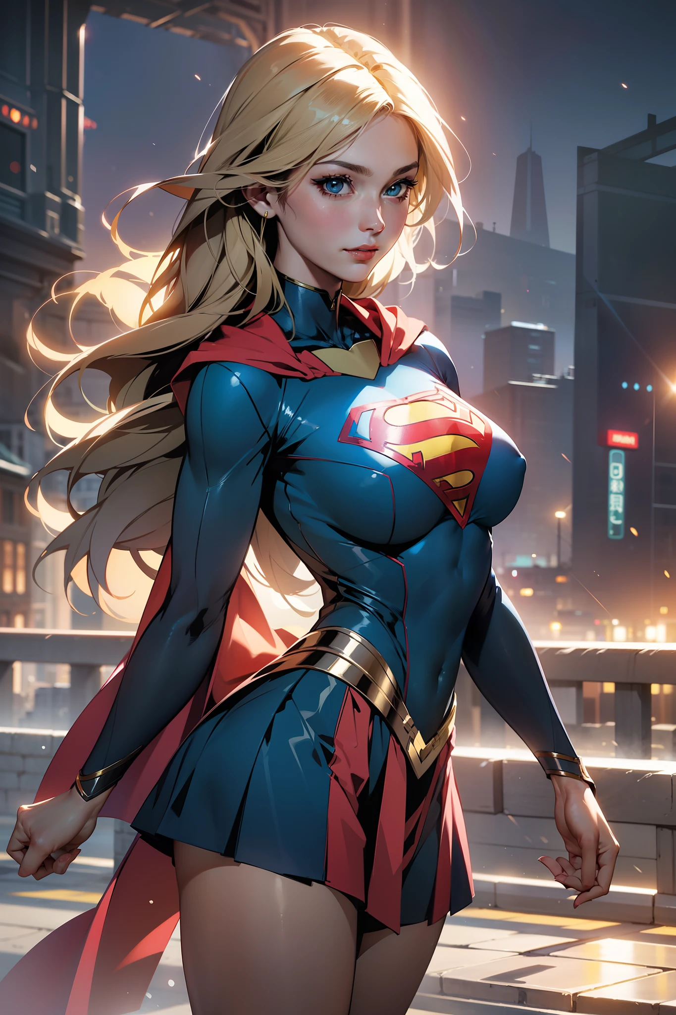 nsfw: 1.5, masterpiece, best quality, high quality, high definition, high quality textures, high quality shadows, high definition, beautiful detail, highly detailed CG, detailed textures, realistic representation of faces, realistic, colorful, delicate , cinematic lights, side lights, lens flares, ray tracing, sharp focus, supergirl, ((best quality, masterpiece, absurd, 8k)), 1 girl, solo, 21 years old,Supergirl(Helen Slater), huge breasts, huge breasts, long hair down to her hips, long hair,low hair, voluminous hair, white skin tone, green eyes, sparkling expressive eyes, huge breasts, she is supergirl, Supergirl cosplay , japanese sailor school uniform female cosplay Supergirl, costume female school,stocking 7/8 ,superman suit, blushing, embarrassed expression, shy smile, building terrace, daytime, pretty, young woman, hands behind) (1girl, __focus__:1.3), (intricate details, makeup , PureErosFace_V1:0.5), (delicate beautiful face with details, Delicate eyes beautiful in details, perfect face proportions, dense skin, ideal proportion of four fingers and one thumb, arms under the chest, huge breasts, miniskirt,upskirt,wide hips, flat upper abdomen , thin, dressed, blonde: 1.3), bed, no hands