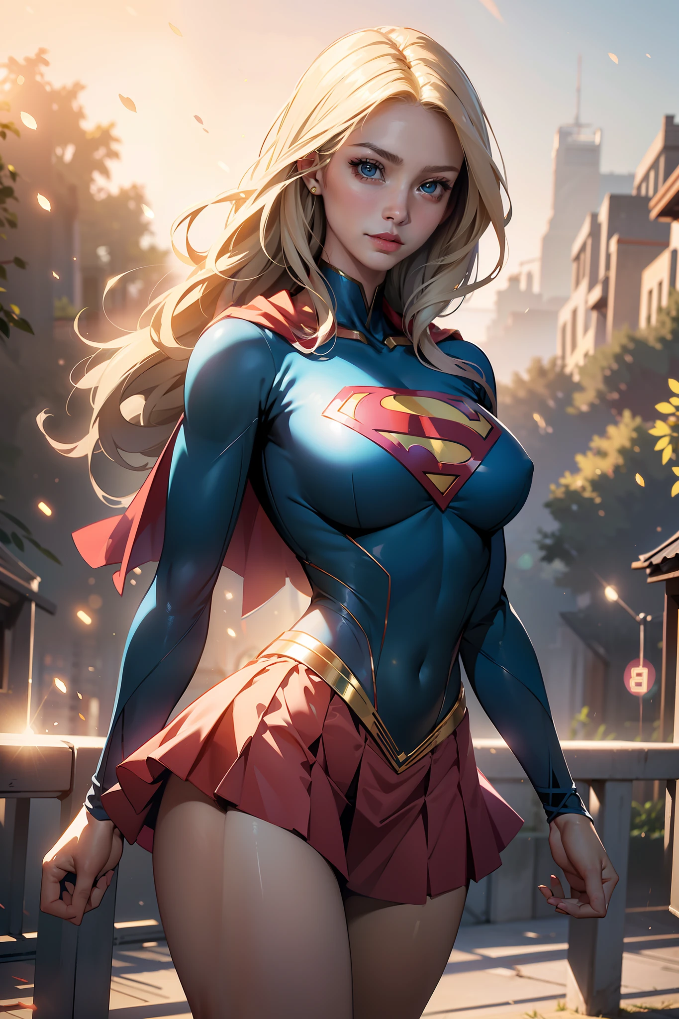 nsfw: 1.5, masterpiece, best quality, high quality, high definition, high quality textures, high quality shadows, high definition, beautiful detail, highly detailed CG, detailed textures, realistic representation of faces, realistic, colorful, delicate , cinematic lights, side lights, lens flares, ray tracing, sharp focus, supergirl, ((best quality, masterpiece, absurd, 8k)), 1 girl, solo, 21 years old,Supergirl(Helen Slater), huge breasts, huge breasts, long hair down to her hips, long hair,low hair, voluminous hair, white skin tone, green eyes, sparkling expressive eyes, huge breasts, she is supergirl, Supergirl cosplay , japanese sailor school uniform female cosplay Supergirl, costume female school,stocking 7/8 ,superman suit, blushing, embarrassed expression, shy smile, building terrace, daytime, pretty, young woman, hands behind) (1girl, __focus__:1.3), (intricate details, makeup , PureErosFace_V1:0.5), (delicate beautiful face with details, Delicate eyes beautiful in details, perfect face proportions, dense skin, ideal proportion of four fingers and one thumb, arms under the chest, huge breasts, miniskirt,upskirt,wide hips, flat upper abdomen , thin, dressed, blonde: 1.3), bed, no hands