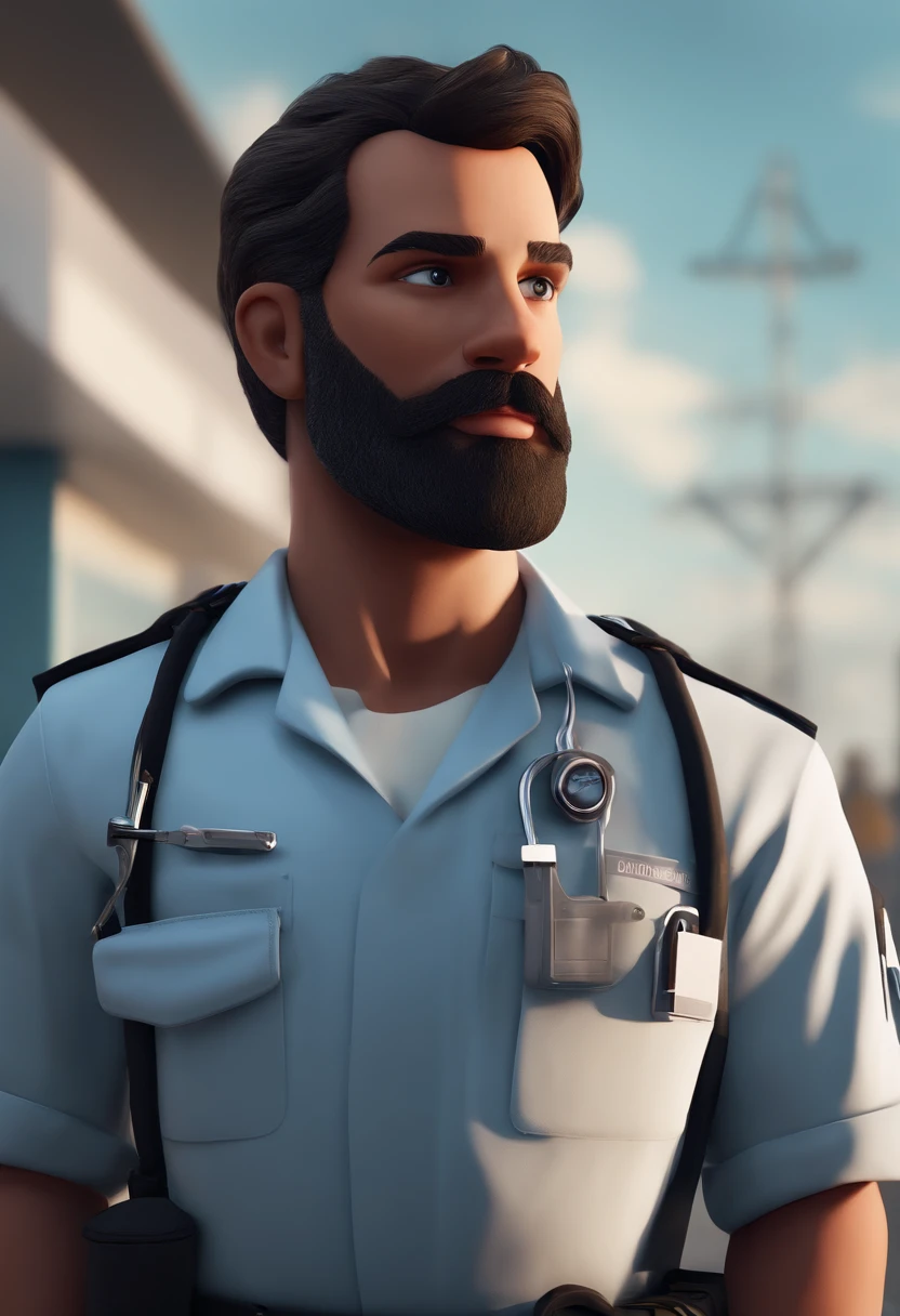 Personagem dos desenhos animados de um homem moreno com barba, in paramedic uniform, animation character.