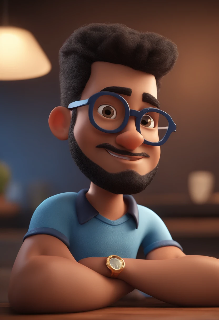 Cartoon character of a man with black glasses and a blue shirt, animation character, Caractere estilizado, animation style rendering, 3D estilizado, Arnold Maya render, 3 d render stylized, toon render keyshot, Personagem 3D, Personagem 3D, 3d rendering stylized, 3 d character render, personagem de desenho animado, Personagem de close up, Pose de personagem, (Estilo Pixar) (master part:1.2) (Bokeh) (best quality) (pele detalhada) (textura detalhada) (8k) (argila) (Cinematic lighting) (foco nítido