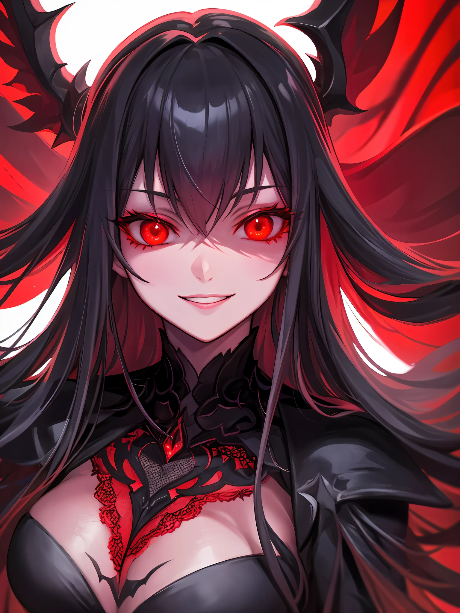 Extremely sadistic smile, deep red glowing eyes, tatoos, looking down on you, glowing black flames around outline of eyes and eyelashes, murderous, psychotic, expressive, queen of domination, goddess, scar tatoo on eyes