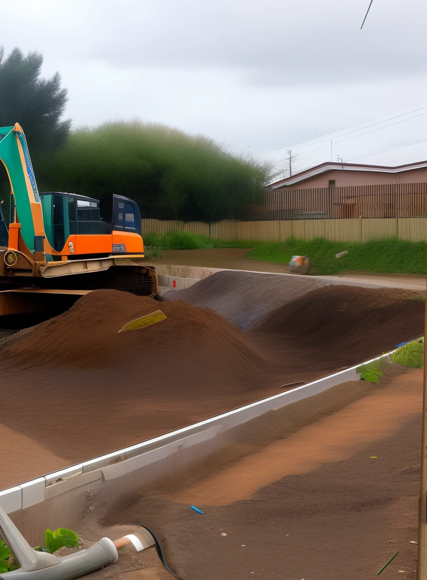 Obras com esgoto, Water and storm drain in allotment, Buildings all around and lots of machines