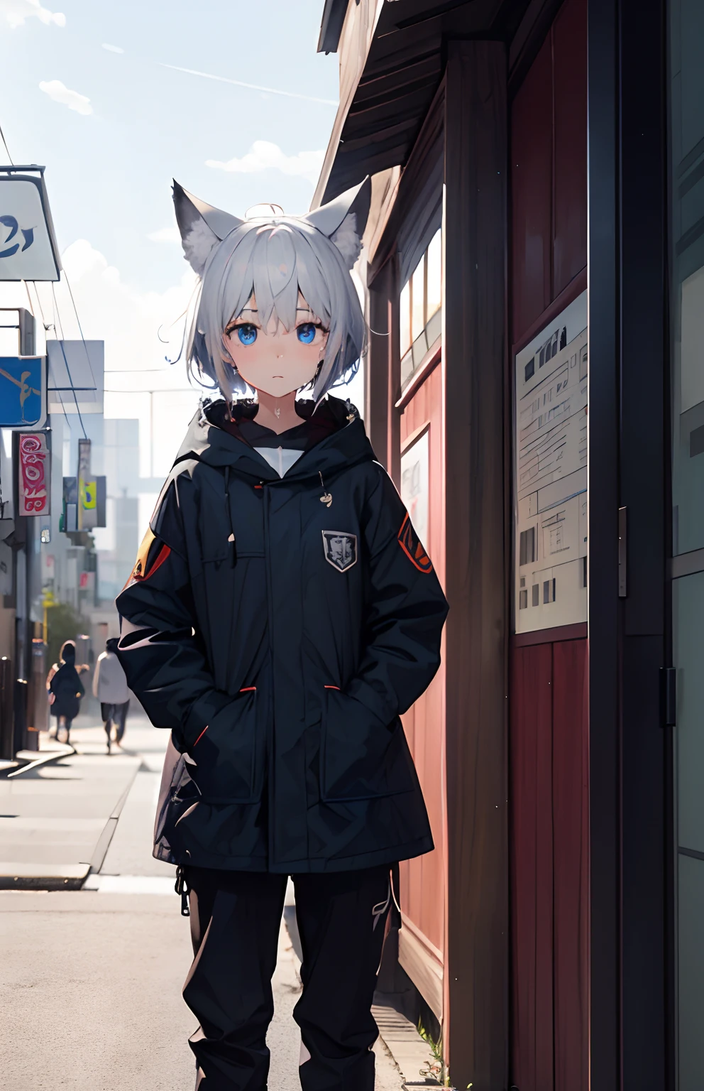 masterpiece,Top image quality,hight resolution,imagem 4k,Raw photo,Photorealsitic,{Solo},teens girl,Embarrassment,Silverberry Shorthair,stare at each other,Wet,Blue eyes,小柄,Silver fox ears,Fox tail,boyish,parka,shortpants,ruined and devastated city,Japan with a sword