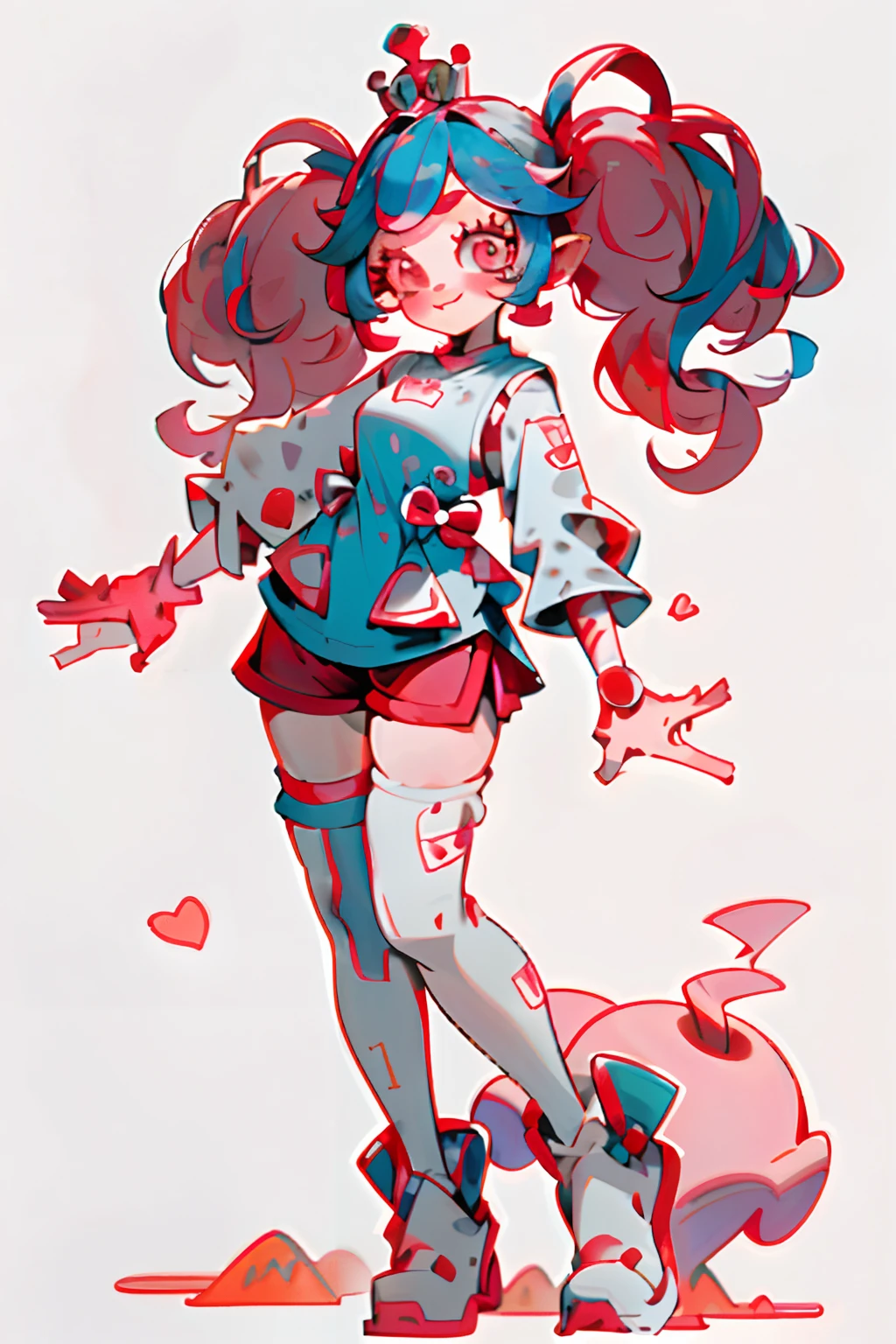 Crazy, girl, long hair, curly hair, pink hair, full body picture, pink eyes, heart shaped pupils, insane smile, blood splatter, 1GIRL, insane girl in long pink hair, crown, princess bubblegum style, finely detailed, (best quality), (intricate details), cute style, loli, jester style, multicolored, ((long pink messiest hair in pigtails)), best quality, ((long sleeve shirt and shorts)), ((red and white clothes)), ((jester style clothes)), ((thigh high socks)), ((round eyes)), ((has jester makeup)), beautiful face, happy, cute face, pinup, perfect face, simple background portrait, clowh hear cards, bubble gums