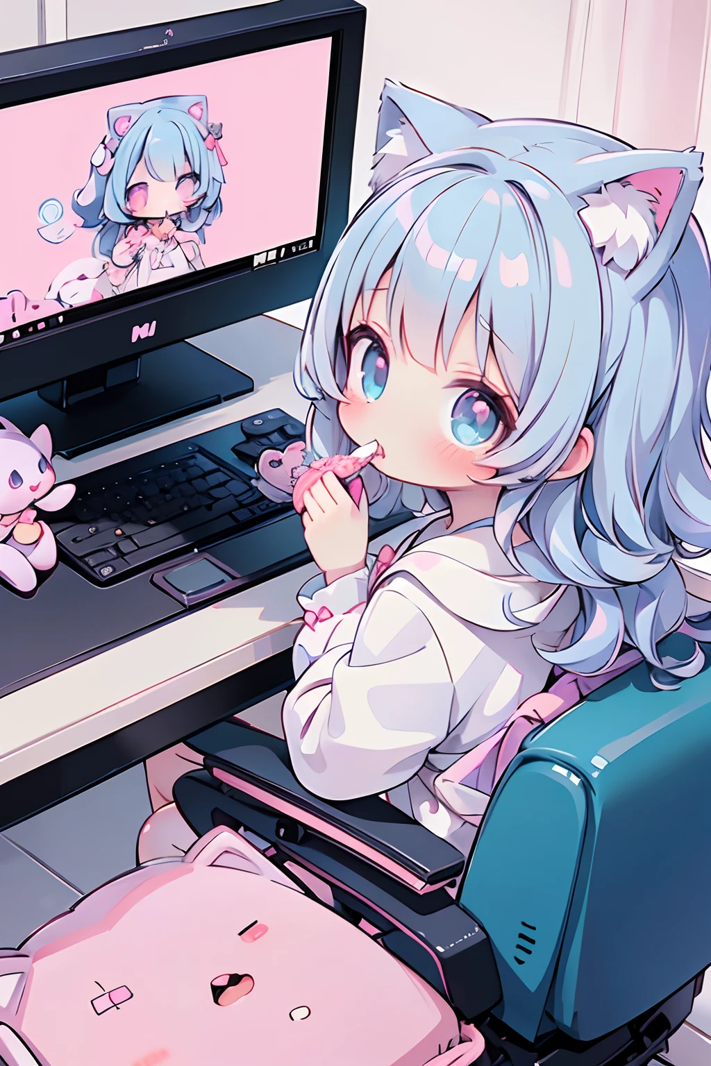 a close up of a anime cat girl streaming on the computers looking back eating a snack, anime moe artstyle, ahegao, long gray teal hair, curly hair, brown ayes, anime style 4 k, nightcore, official artwork, top rated on pixiv, anime wallaper, mikudayo, small curvy , pixiv, popular on pixiv, anime! 4 k, anime! 4k, high quality anime artstyle, white dress, white pajamas, pink bedroom, bed full of plushies, background, pink gaming chair, calm atmosphere