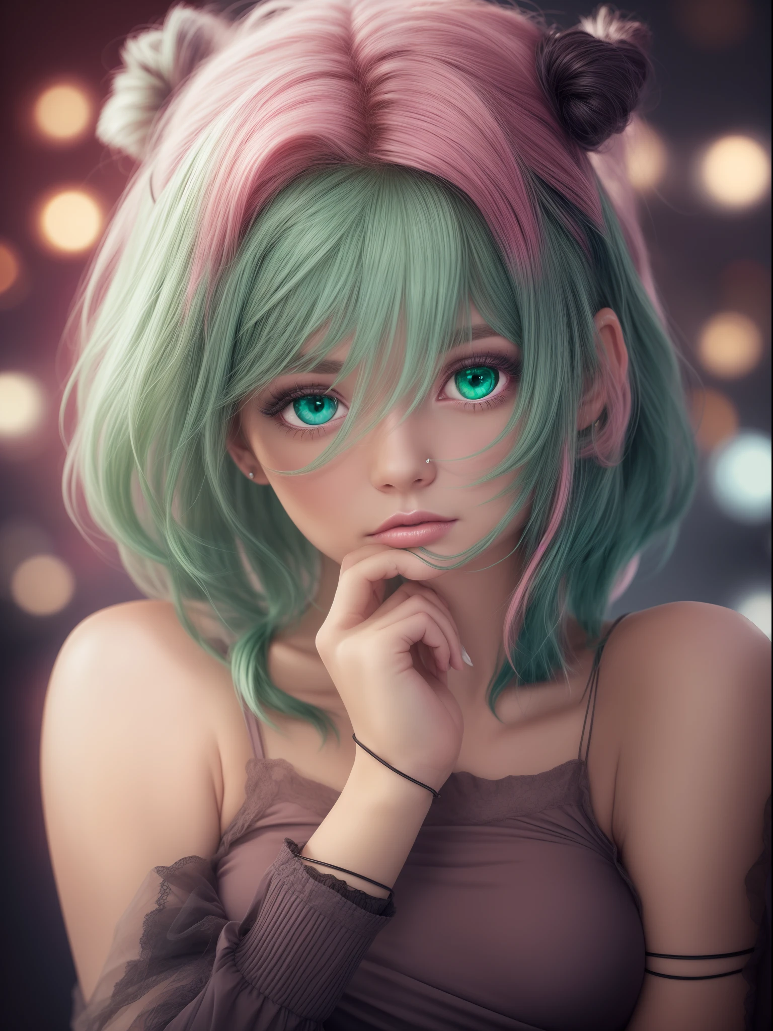 Woman, realistic character, green hair with pink locks, blue eyes, semi-realistic, Alone, modern, blurred background, dark moody chocolate settings, soft studio lights, green bokeh