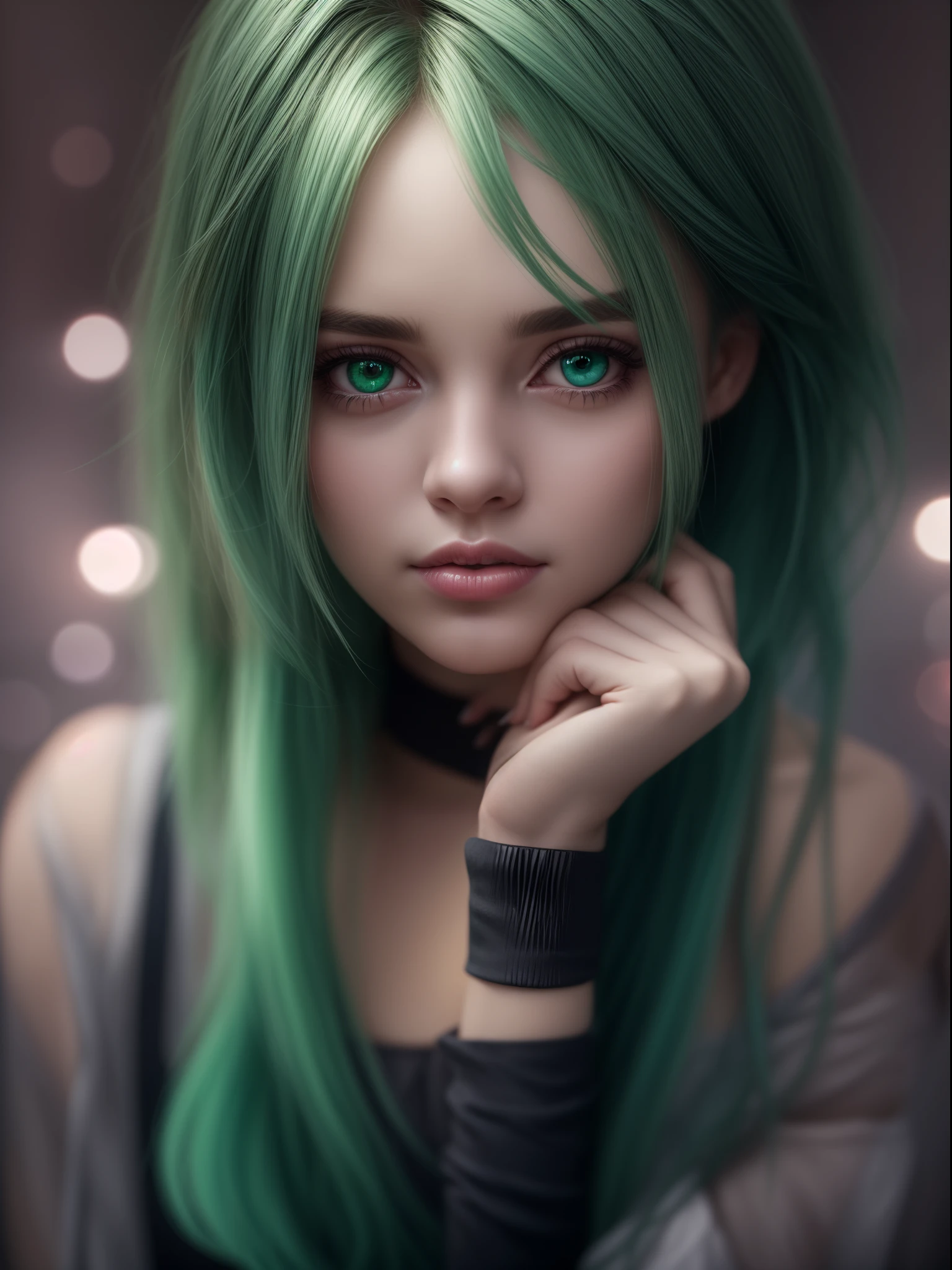Woman, realistic character, green hair with pink locks, blue eyes, semi-realistic, Alone, modern, blurred background, dark moody chocolate settings, soft studio lights, green bokeh