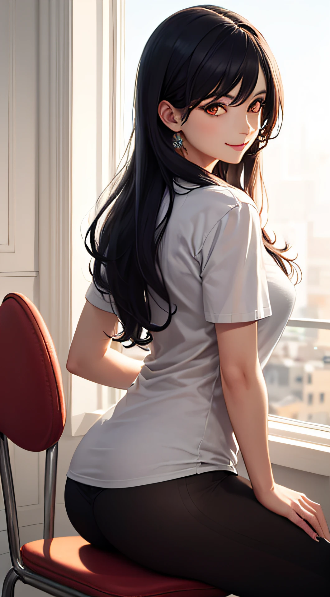 (tmasterpiece,Best quality),High- sharpness,top-quality,illustration,Cinematic light,ultra - detailed,Detailed face,(Detailed eyes),Best quality,ultra - detailed,tmasterpiece,(Detailed face),4K, Realistic, The is very detailed, There was a woman sitting in a chair in the study, She is a teacher at the Senior Academy, , Soft clothes, Long hair, wearing legging, 25 years old, full bodyesbian, Black hair,Orange eyes, seduct smile,Higher detail,Glowing eyes,The light from the back window is backlighted,llight rays,(High contrast),(a color)"
