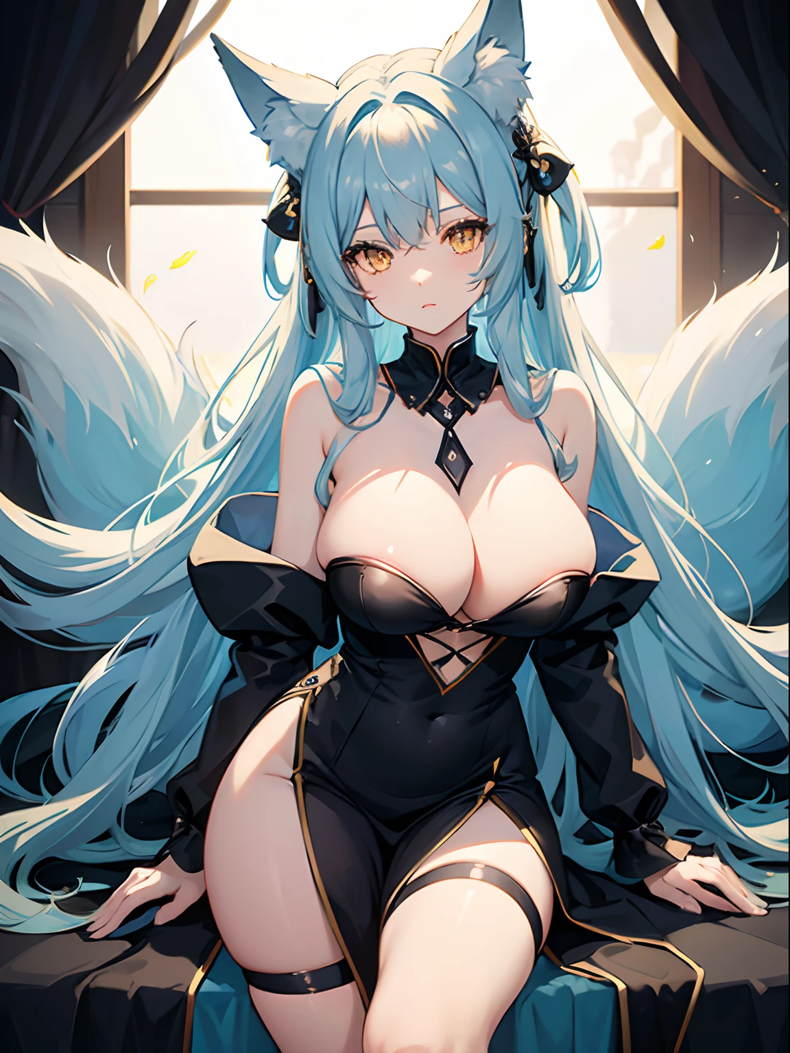 Long Hair, Light Blue Hair, Yellow Eyes, Heart pupils, bare shoulder, Fox Ears, 9 Tails, Big Boobs, Wearing Black Dress, Long Stocking, Nighttime, Wearing Black Gloves, Inside a house