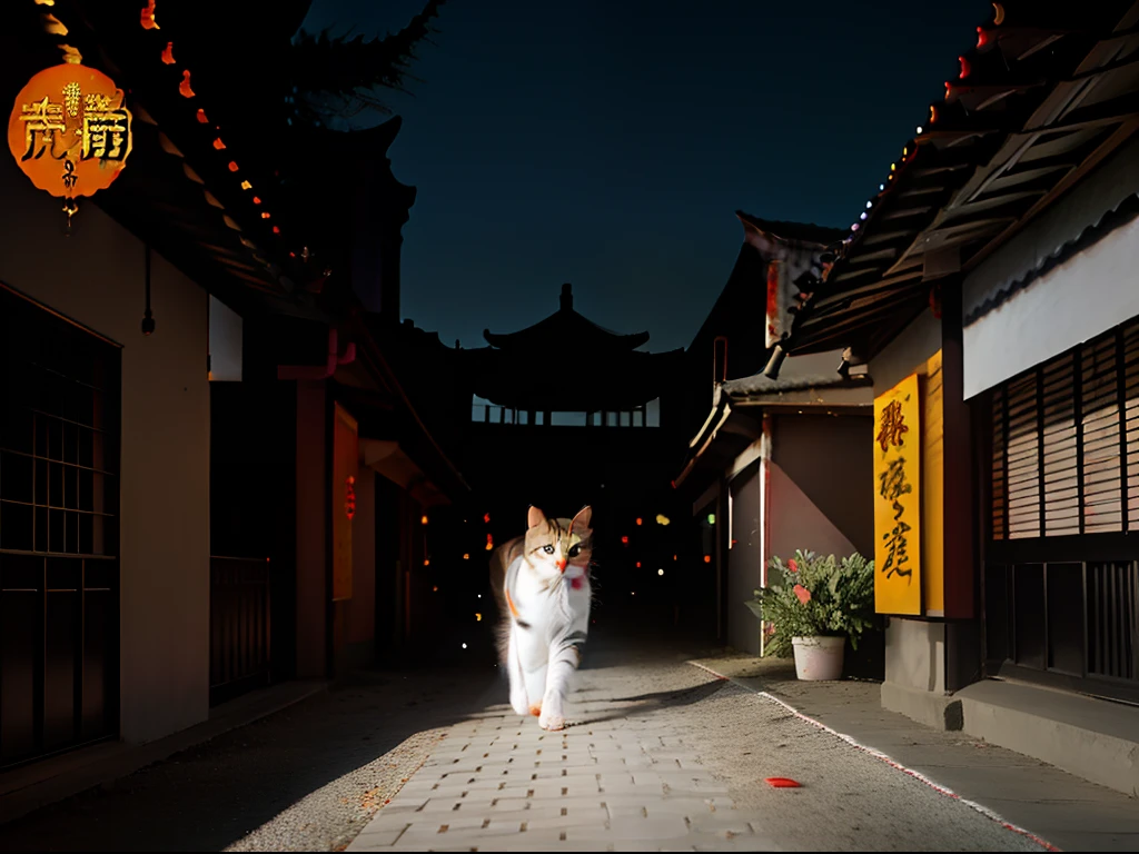 calico cat, tri-color cat, lihua cat, white black orange cat, Classic cat pose, walking on ancient asian street, tyndall effect, photorealistic, cinematic lighting, dark studio, round Pupils, reality, rim lighting, two tone lighting