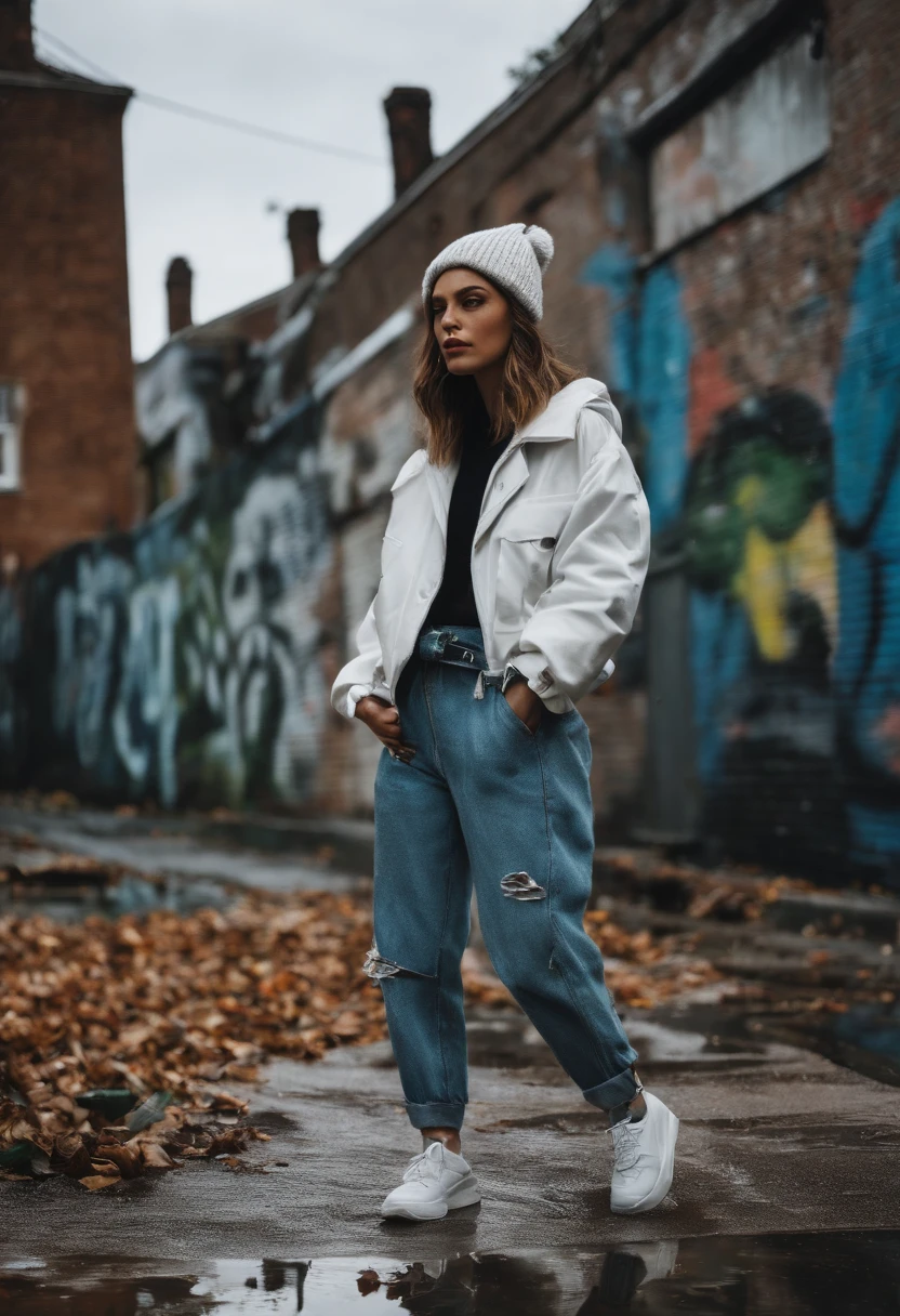 masterpiece, best quality, 1girl, walking on sidewalk, hip hop woman, baggy pants, retro, suburban, suburbia, 1990s, white beanie, outdoor, laid-back, puddles, drain, rebellious, bedraggled, ((graffiti)), ((trash)), dirt lying around, leaves, ((broken concrete)), city, symmetric eyes, hands in pockets, clouds, overcast, detailed face,