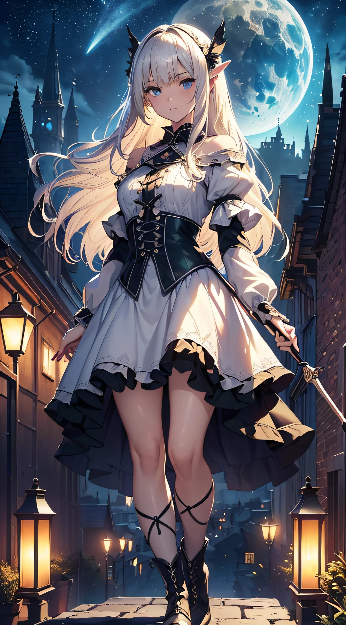 (Official art、Best Quality、Unity 8k Wallpapers、32K、​masterpiece、ultra-detailliert、超A high resolution、realisitic、Photorealsitic:1.2)、(Cinematic lighting:1.2)、Fireglow effect、film grains、Best Shadows、Rim lighting、side lights、sideshot、(Ultra-detailed and complex 3D rendering)、Detailed beautiful face and eyes、Sharp pupils、Realistic pupils、A slender、１Man Woman、Medium bust、(Full body:1.2)、 beauitful face、16-year-old beautiful girl、(super detailed skin、detailed skin textures:1.3)、(platinum-blonde、Silver hair:1.3)、waved hair、Blunt bangs、green colored eyes、elf-ears、magical girl costume、A slender、white  shirt、Costumes with frills、frills skirt、knee sox、(thighs thighs thighs thighs:0.8)、Black boots、(Fantastic and beautiful night sky、Medieval city at night、On the roof:1.2)、(Human soul in the night sky、Fantastical:1.3)、(carrying a magical staff:1.3)、(Looking away、overlooking a city:1.3)、Fantastical、Gentle smile、I opened my mouth a little、