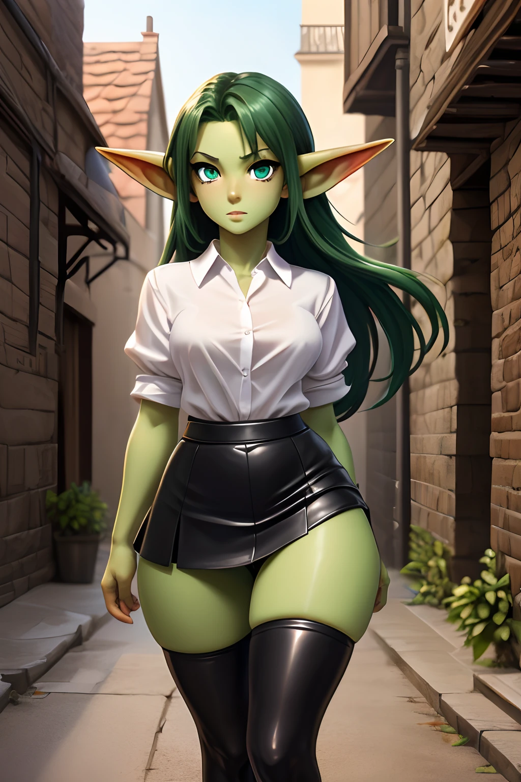 Goblin Girl, Short stature, dark green long hair, beatiful face, sexy facial expression, Facing the camera, green skin, Skin color: green, Body glare, ((pretty eyes)), green colored eyes, ((Perfect Sexy Figure)), Ideal body shapes, big thighs, ((Subtle and beautiful)), ((Medieval Fantasy Clothing: Leather Mini Skirt Sexy Leather Stockings White Shirt)), Sexy seductive stance, Full-length, background: Medieval Dark Alley, Depth of field, ((ultra quality)), ((tmasterpiece)), clear image, crisp details, Realistic, Professional Photo Session, Clear Focus, the anime, Colorfully drawn, NSFW