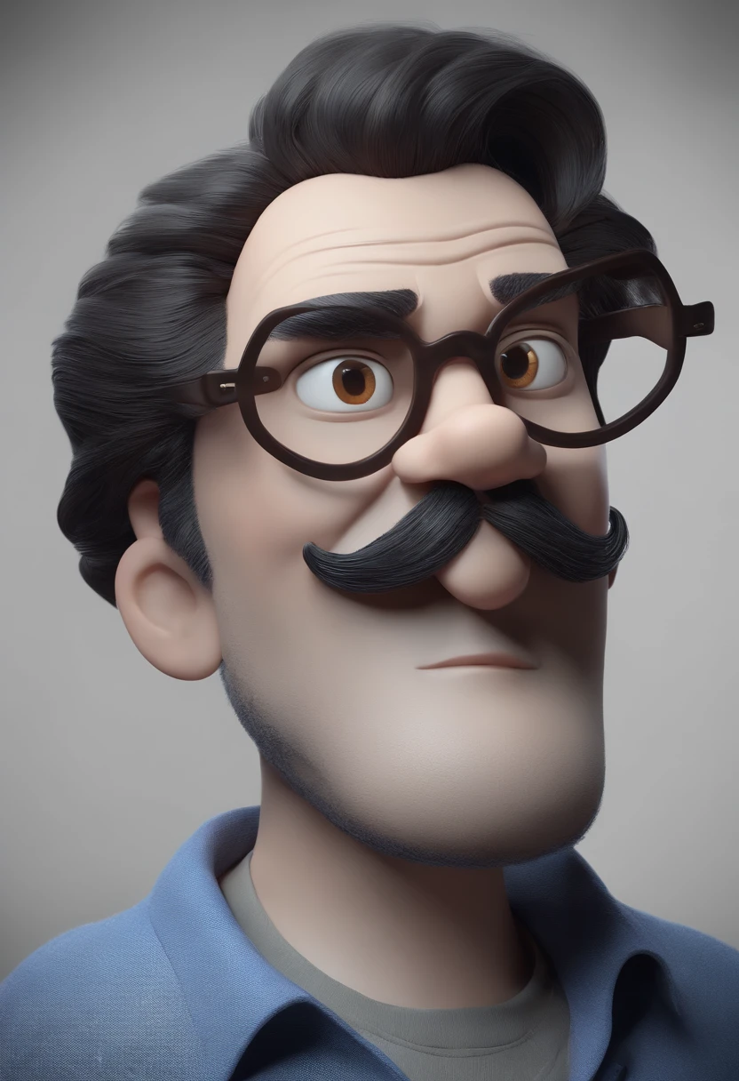Cartoon character of a man with black glasses, cabelo cacheado marrom escuro e uma camisa azul, animation character, Caractere estilizado, animation style rendering, 3D estilizado, Arnold Maya render, 3 d render stylized, toon render keyshot, Personagem 3D, Personagem 3D, 3d rendering stylized, 3 d character render, personagem de desenho animado, Personagem de close up, Pose de personagem, (Estilo Pixar) (master part:1.2) (Bokeh) (best quality) (pele detalhada) (textura detalhada) (8k) (argila) (Cinematic lighting) (foco nítido