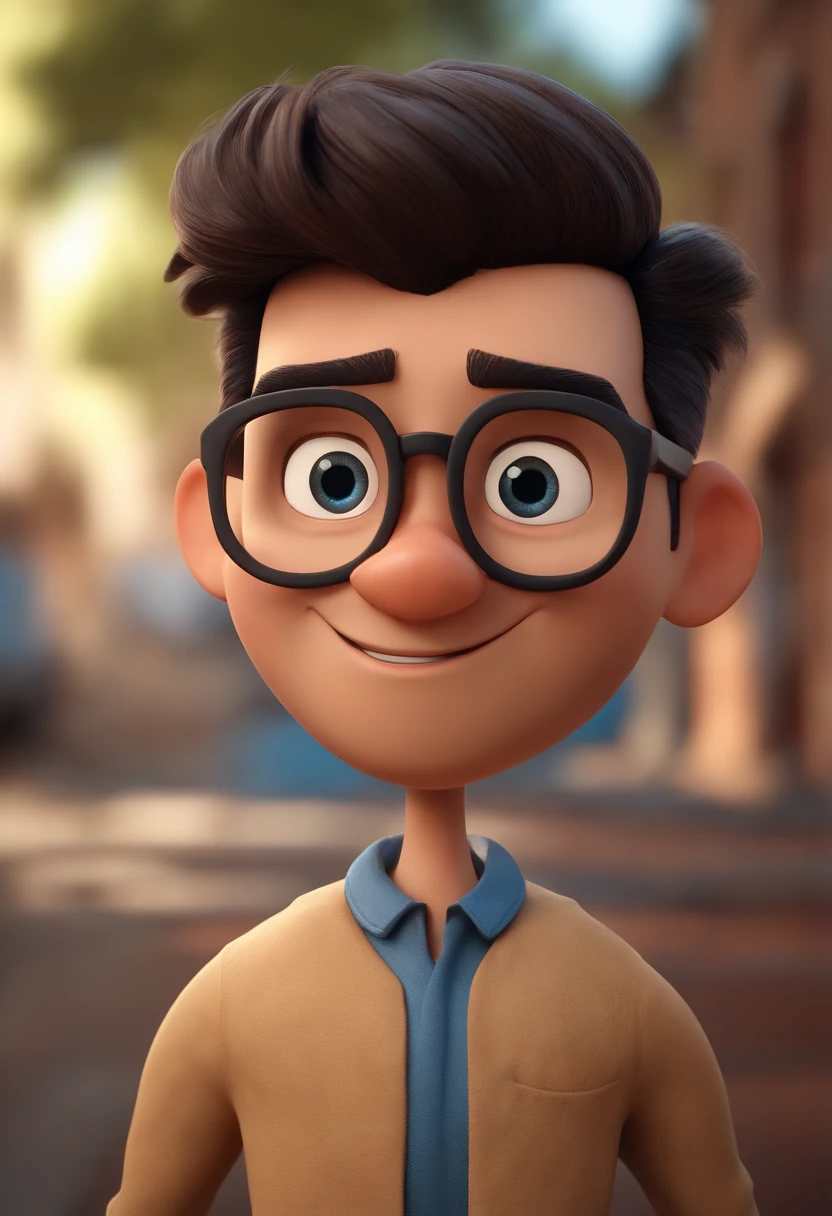 Cartoon character of a man with black glasses, cabelo cacheado marrom escuro e uma camisa azul, animation character, Caractere estilizado, animation style rendering, 3D estilizado, Arnold Maya render, 3 d render stylized, toon render keyshot, Personagem 3D, Personagem 3D, 3d rendering stylized, 3 d character render, personagem de desenho animado, Personagem de close up, Pose de personagem, (Estilo Pixar) (master part:1.2) (Bokeh) (best quality) (pele detalhada) (textura detalhada) (8k) (argila) (Cinematic lighting) (foco nítido