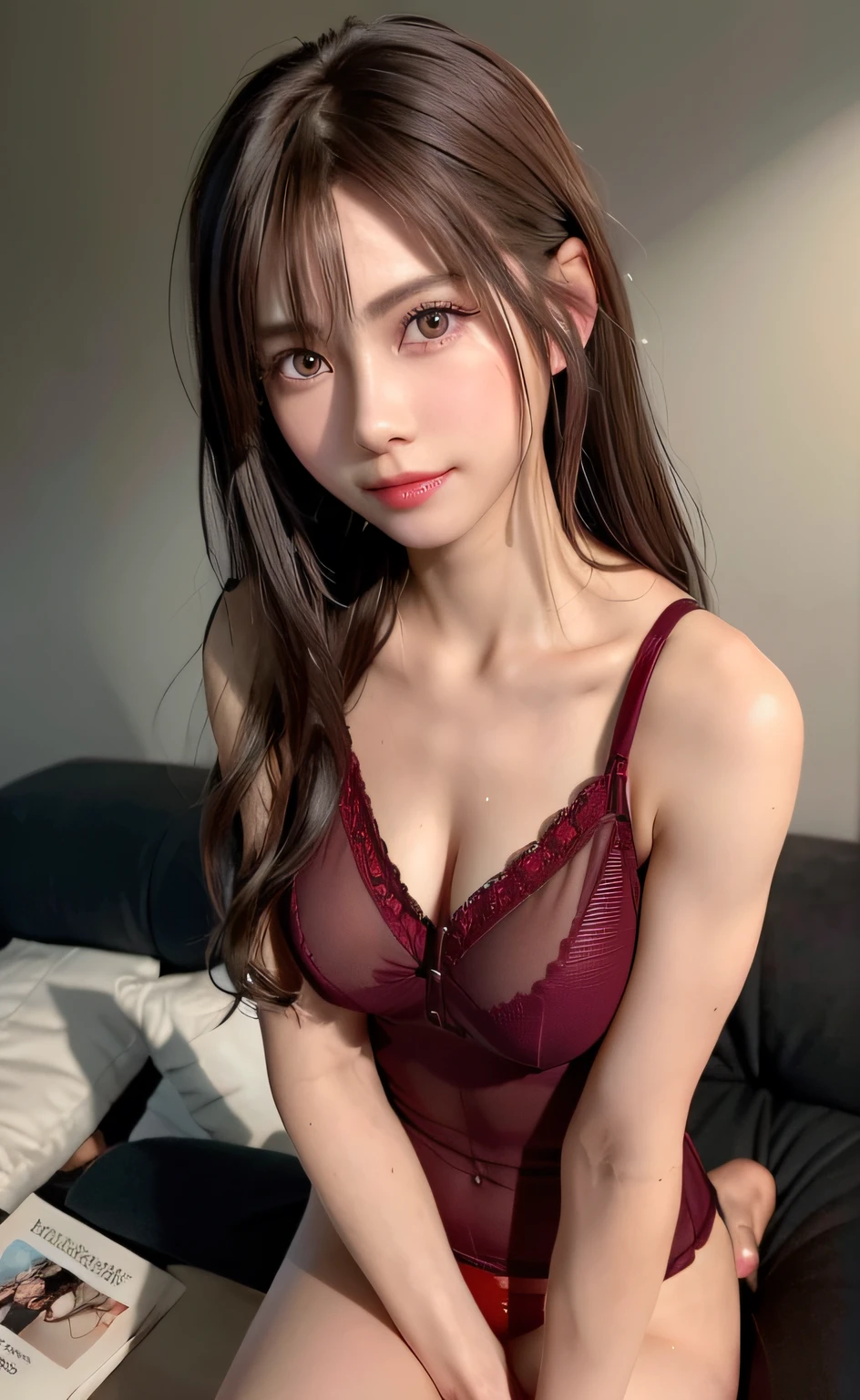 (8K、top-quality、masterpiece:1.2)、(reallistic、Photorealsitic:1.2)、cute little、独奏、Beautiful Definition Sky、natta、Wet、watching at viewers、(Sit up:1.5)、date、mirai、 (nose blush)、(A smile:1.15)、(With mouth closed) tiny chest、Fine and beautiful eyes、)、(Dark blonde hair:1)、(short-hair:1.1)、Floating Hair Novafrog Style、 grey blazer、Button T-shirt、Black miniskirt、makeups、(8K、Raw photography:1.2)、top-quality、超A high resolution、(Photorealsitic:1.4)、(Raw photography,Nurse appearance:1.4)、One Beautiful Girl、(Details Beautiful Girl:1.4)、(tiny chest:1.2)、up looking_で_viewer、detailed face details、beatiful detailed eyes、Brown hair、mischief、Thin、haunting smile、(makeups:0.3)、red-lips、(Red see-through underwear with attention to detail:1.4)、small areolas、small nipple、(ulzzang -6500-v1.1:0.3)