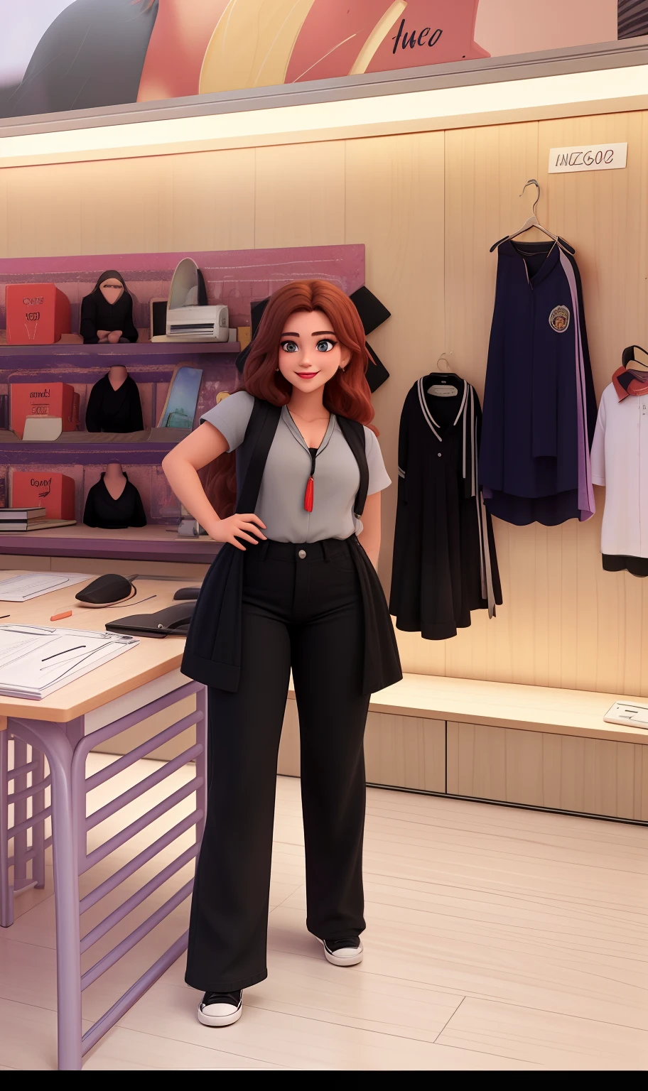 Uma mulher de 18 anos, com longos cabelos castanhos escuros , Rosto redondo, sorriso encantador, e olhos castanhos, In a classroom, studio lighting, sign language interpreter and sign language teacher. She's wearing black clothes, blouse and black jeans