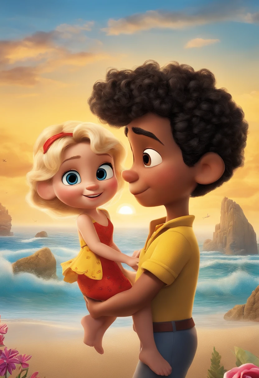 a Disney Pixar movie poster showing a family. The father is the tallest, Tem cavanhaque , loiro, cabelos curtos e espinhosos. Mom has brown eyes, cabelos pretos, long and slightly overweight, pele morena clara. Two twin girls, She is 8 years old and has medium blonde hair, cacheados, roupa rosa e cabelo solto. The background is a beach garden. 3D-rendering