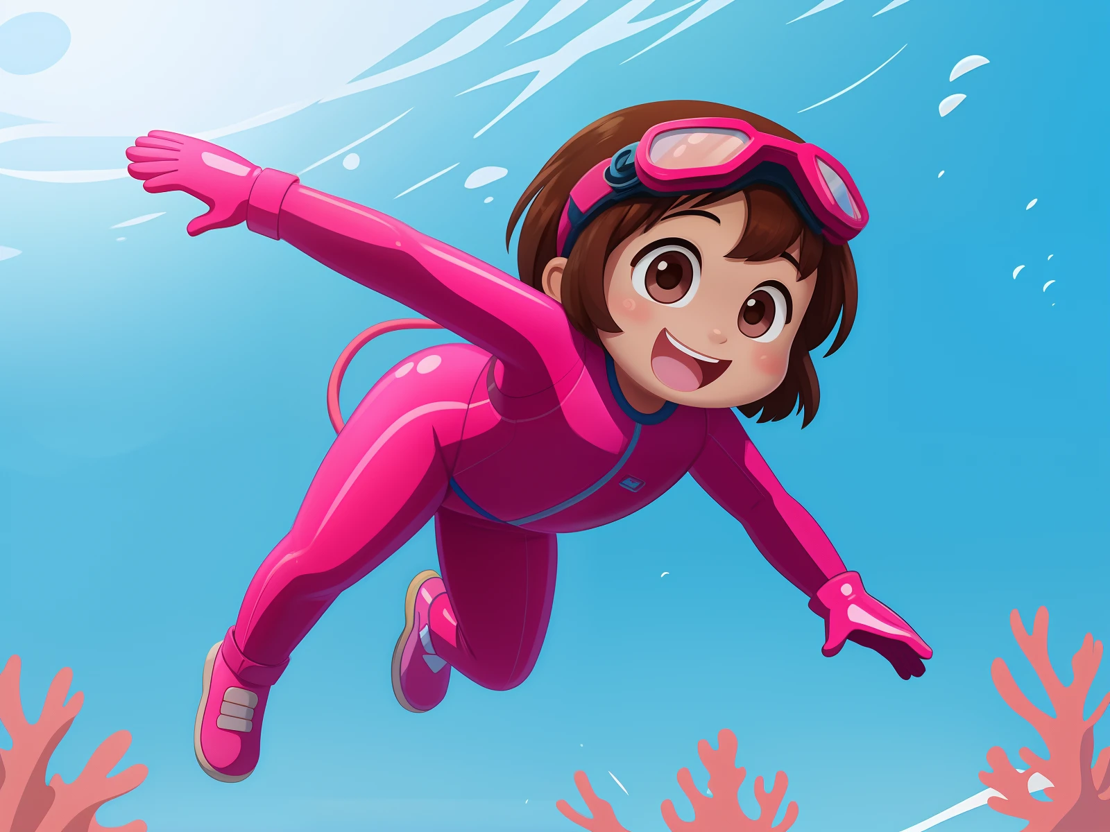 a 5 year old girl diving at the bottom of the ocean among algae and corals, Happy, with brown hair, brown eyes, rosy cheeks, pink diving suit, pink diving goggles, pink gloves, pink shoes pink,full body, 2D childish illustration style.