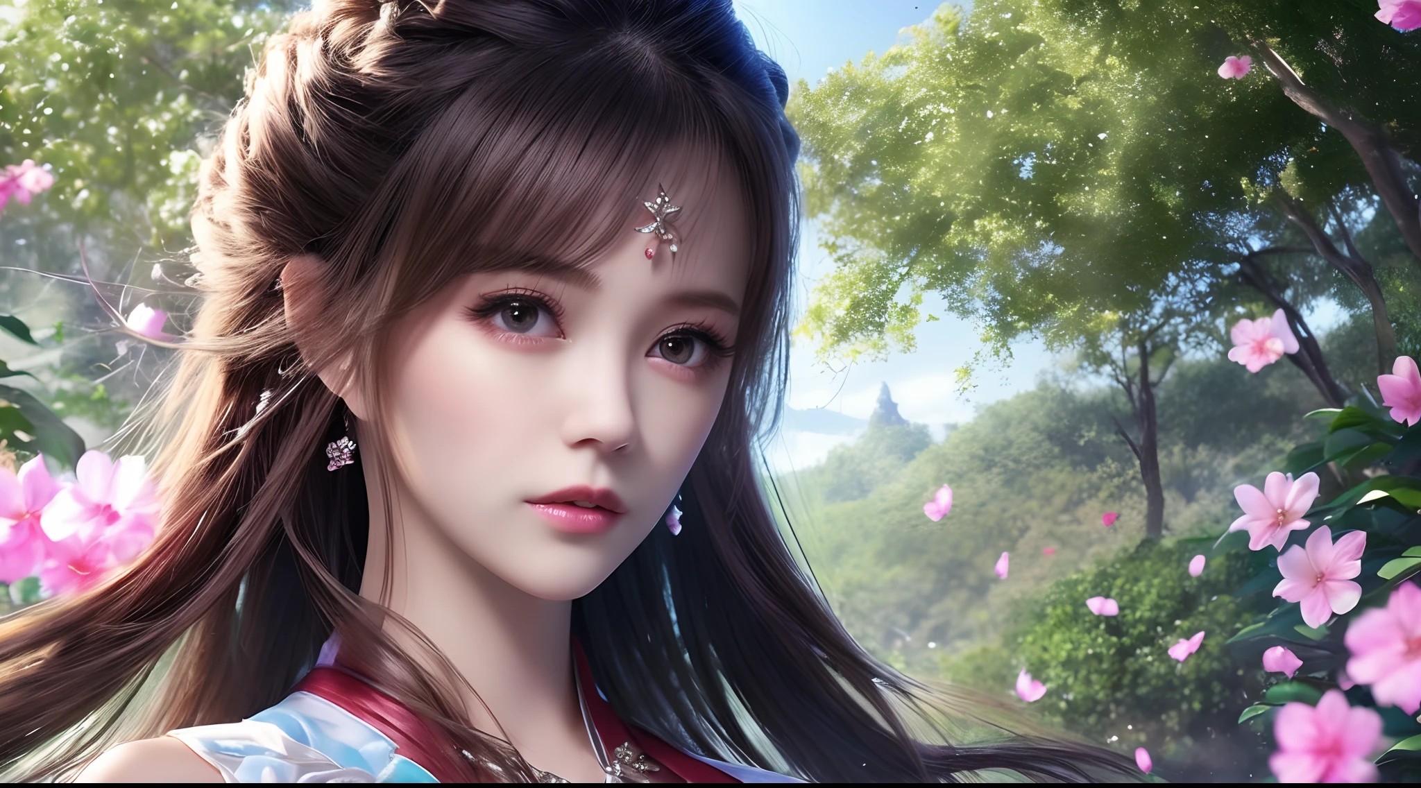 8k ultra hd, mastermiece, a girl, good face, detailed, eyes, beautiful lips, very hong hair, spreading hair, medium breasts, wedding dress, pink dress, in the park, flying birds, glowing, clear weather, whole body capture,