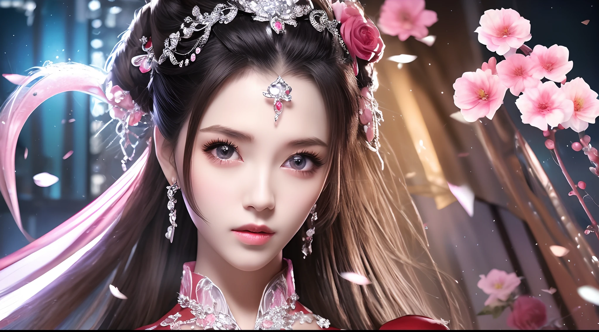 8k ultra hd, mastermiece, a girl, good face, detailed, eyes, beautiful lips, very hong hair, spreading hair, medium breasts, wedding dress, pink dress, in the park, flying birds, glowing, clear weather, whole body capture,