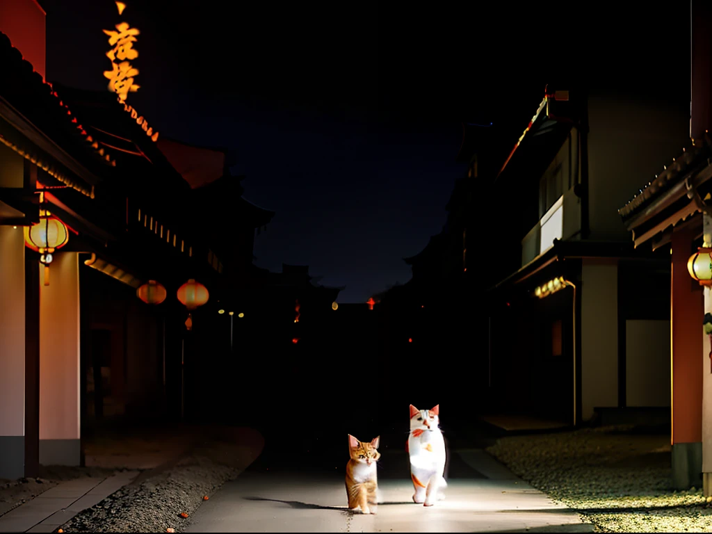 calico cat, tri-color cat, lihua cat, white black orange cat, Classic cat pose, walking on ancient asian street, tyndall effect, photorealistic, cinematic lighting, dark studio, round Pupils, reality, rim lighting, two tone lighting