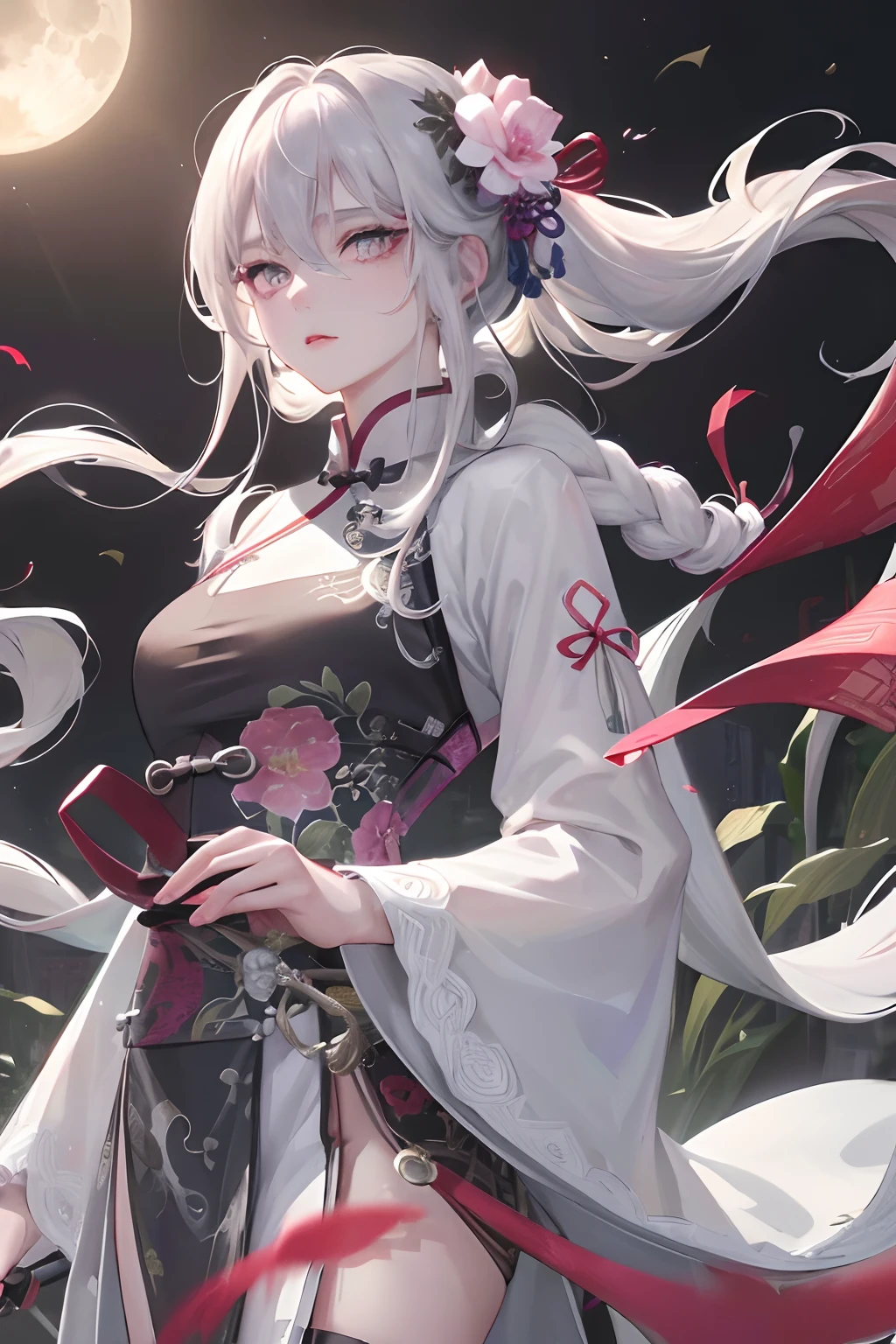 8K masterpiece best night full moon 1 female Chinese style Chinese architecture mature female elder sister silver white long hair woman long hair pale pink lips calm and rational bangs gray pupil assassin umbrella, umbrella, turn around, turn around, turn around, petals dance, delicate face,