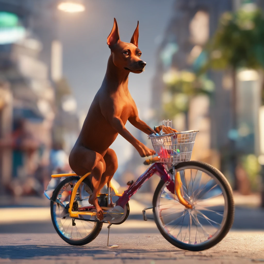 Pinscher andando de bicicleta numa cidade cheia de bicicletas