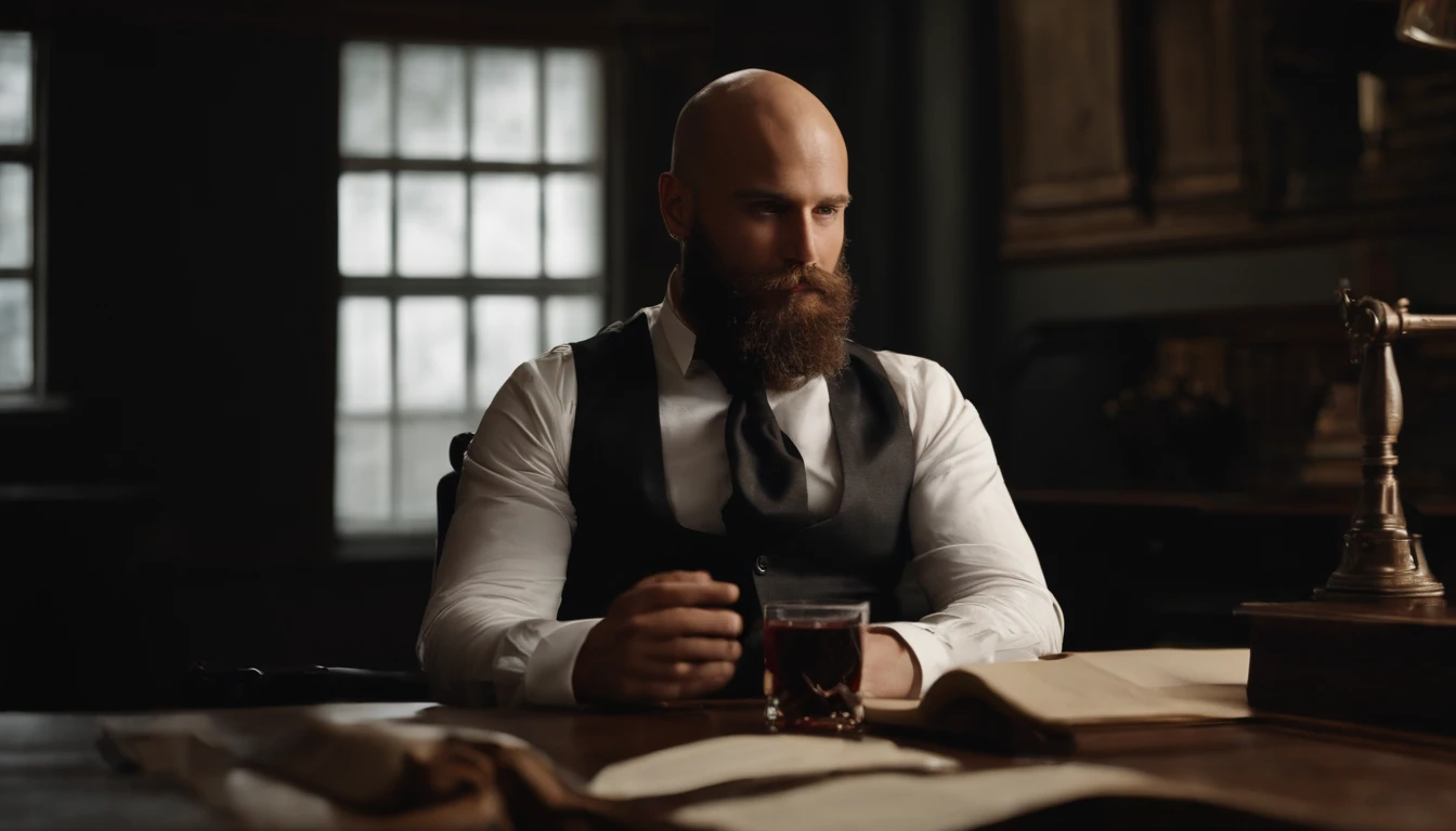 A 28-year-old man with a sawed-off beard and bald head wearing a white long-sleeved shirt and bow tie, boire du jus, In a dimly lit office, шедевр, beste-Qualit, 8K UHD, DSLR, grain de film, Photorealistic painting Fujifilm XT3 midjourney art and Greg Rutkowski, me regarde