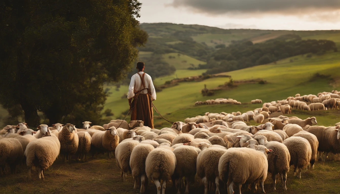 fazer uma foto de Davi e Golias, um jovem pastor em um ambiente pastoral, Full of sheep and holding a sling in his hands, a imagem deve capturar a simplicidade e a serenidade da vida no campo