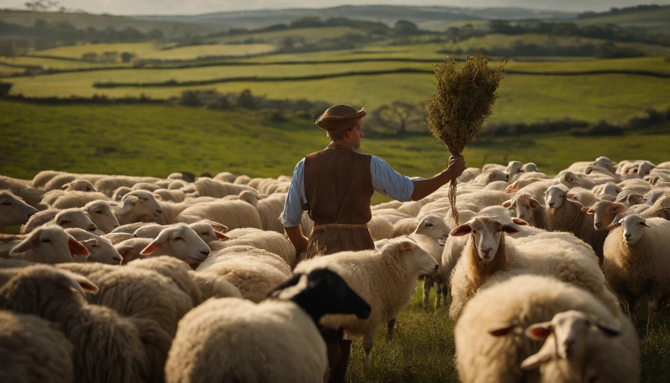 fazer uma foto de Davi e Golias, um jovem pastor em um ambiente pastoral, Full of sheep and holding a sling in his hands, a imagem deve capturar a simplicidade e a serenidade da vida no campo