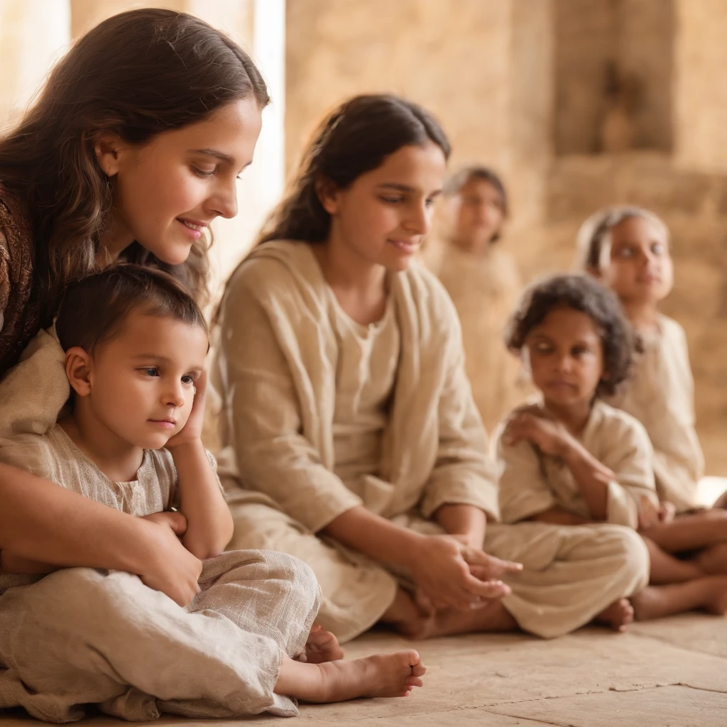 Por favor, Create an image of several children sitting on the floor, listening intently as Jesus tells them Bible stories. Children should be delighted and involved, looking at Jesus in awe as he shares the stories. Jesus may be seated or standing, wearing clothes from biblical times, with a soft and engaging expression. A cena deve transmitir a atmosfera de calma e aprendizado, with details that refer to the historical environment. Children's expressions should reflect joy and genuine interest in Jesus' words. Por favor, create this image to capture the timeless moment of teaching and connection between Jesus and children through the biblical stories."