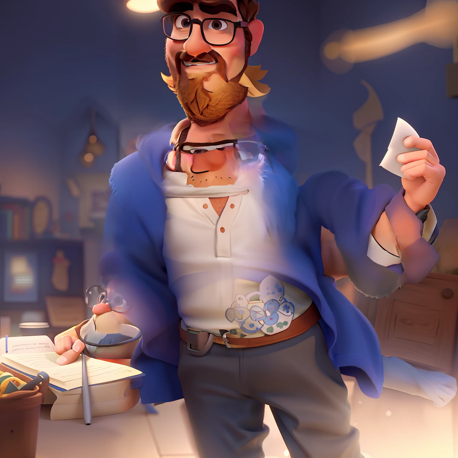 Homem de 36 anos, bearded and bespectacled in Pixar style
