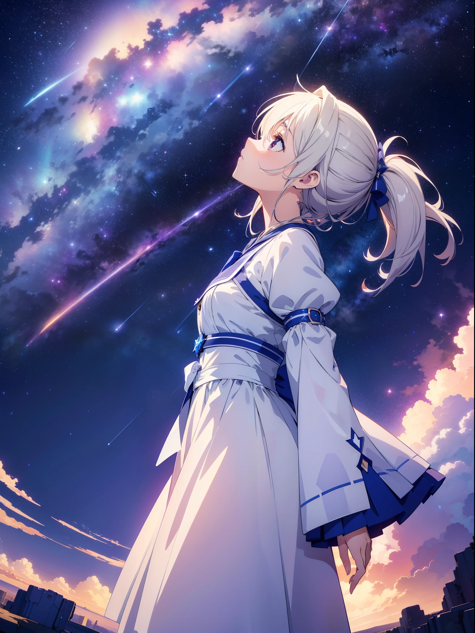 1 cute girl, Datch angle, cinematic angle, from side , wide shot , (from below:0.9) , looking up sky ,( shooting stars) ,((background starry sky )), high resolution,(incredibly absurdres),anime visual,extremely detailed CG unity 8k wallpaper, ((masterpiece)), ((top-quality)), (beautiful illustration), ((an extremely delicate and beautiful))