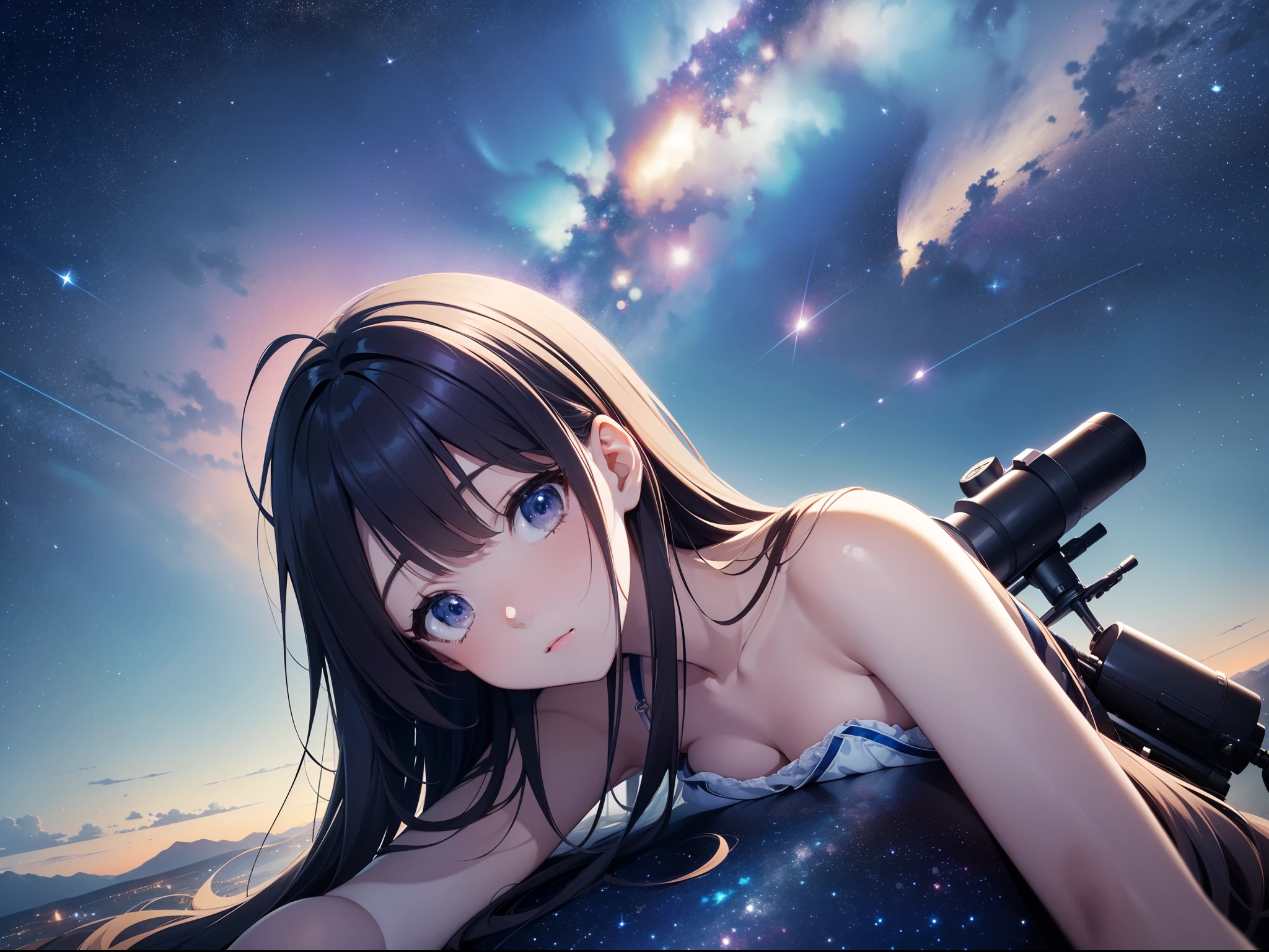 (Best Quality: 1.5), (Super Detail: 1.5), (Best Quality Photo: 1.5), Ocean as far as the eye can see, horizon, pitch black sea, full moon night, rainbow, midnight, scenic, beautiful landscape, galaxy, nebula dress, full of stars, light particles, very delicate and beautiful, very detailed, bioluminescence, cinematic light, mysterious, cinematic angle, 8k resolution, elegant, perfect, smooth, beautiful girl lying on the beach, very cute, smile, (delicate and beautiful eyes: 1.2), (girl: 1.5), lace, ribbon, strapless, topless, bottomless, luxurious accessories, solo, perfect body, water droplets,