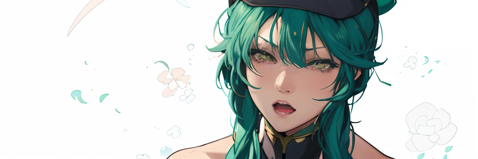 Anime girl with green hair and black cat hat, Anime girl with teal hair,2D anime-style vector shading animation, cunning expression、hightquality、High Brush、masuter piece、beautiful countenance、Finely drawn hair、