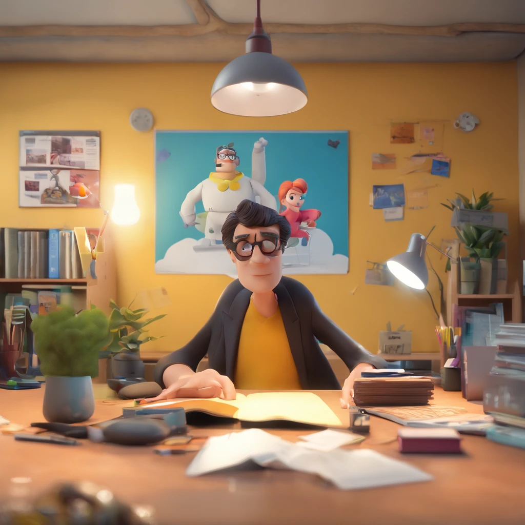 Crie um cartaz inspirado na Disney Pixar com o personagem sendo advogado renomado, Um homem de cabelos castanho escuro, jovem, wearing black glasses, In an office with dossier on the table