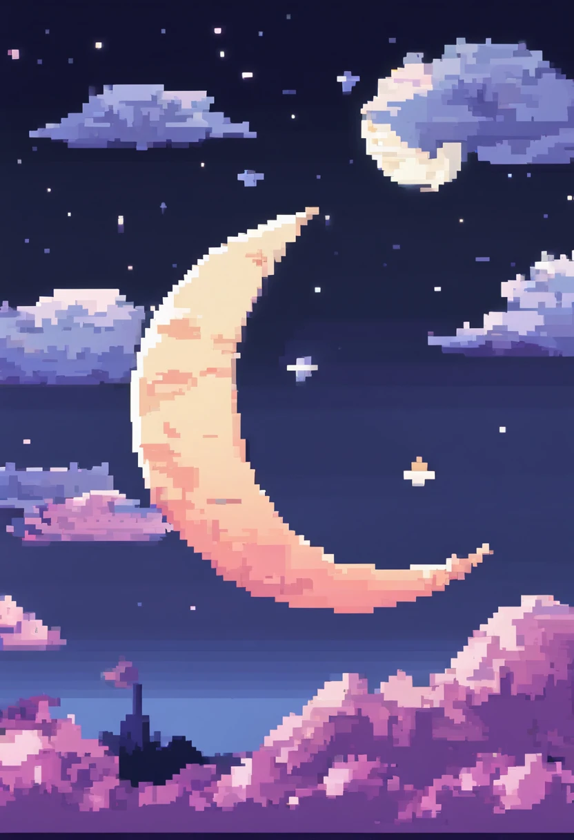 A white and flawless first quarter moon，Dark night，Stars in the sky，Clouds，dream，High image quality，