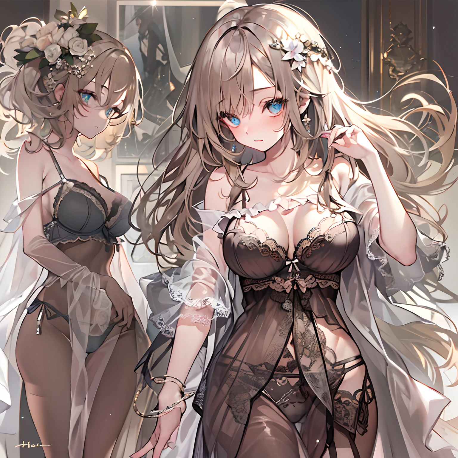 (1 girl in)、(masterpiece:1.3)、(Beautiful fece:1.2)、(hightquality:1.2)、(Fine details:1.2)、(beautidful eyes:1.5)、portlate、realisitic、3D顔、(Bright eye:1.1)、shinny hair、shinny skin、alone、embarrassed from、hason、brown haired、black eyes、(an lingerie:1.3)、full bodyesbian、Excellent anatomical structure、pretty pose、pretty hand、cammel toe,Naked and standing,Beautiful skin,Model body type