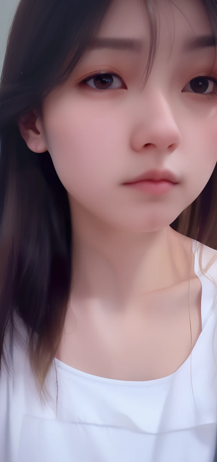 there is a woman with long hair and a white shirt, soft eyes and narrow chin, small lips pointy nose, Pointed chin, Thin pointed chin, small jaw, slightly round chin, Narrow Nose, big round nose closed lips, with very thin lips, small heart - shaped face, strong jaw, Hooked nose and square chin, Very small lips