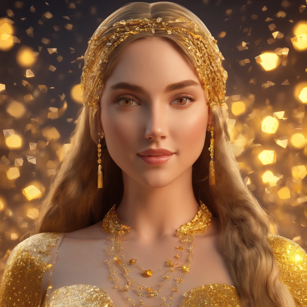 Excelente Obra-Prima, parte superior do corpo, (adulto: 1.6) Hungarian woman, (Risadinha: 0.4), arms behind her head, Golden braids, olhos brilhantes, Vestido de sol vitoriano, Floating particles of light, Centrado, Adicionado detalhe facial