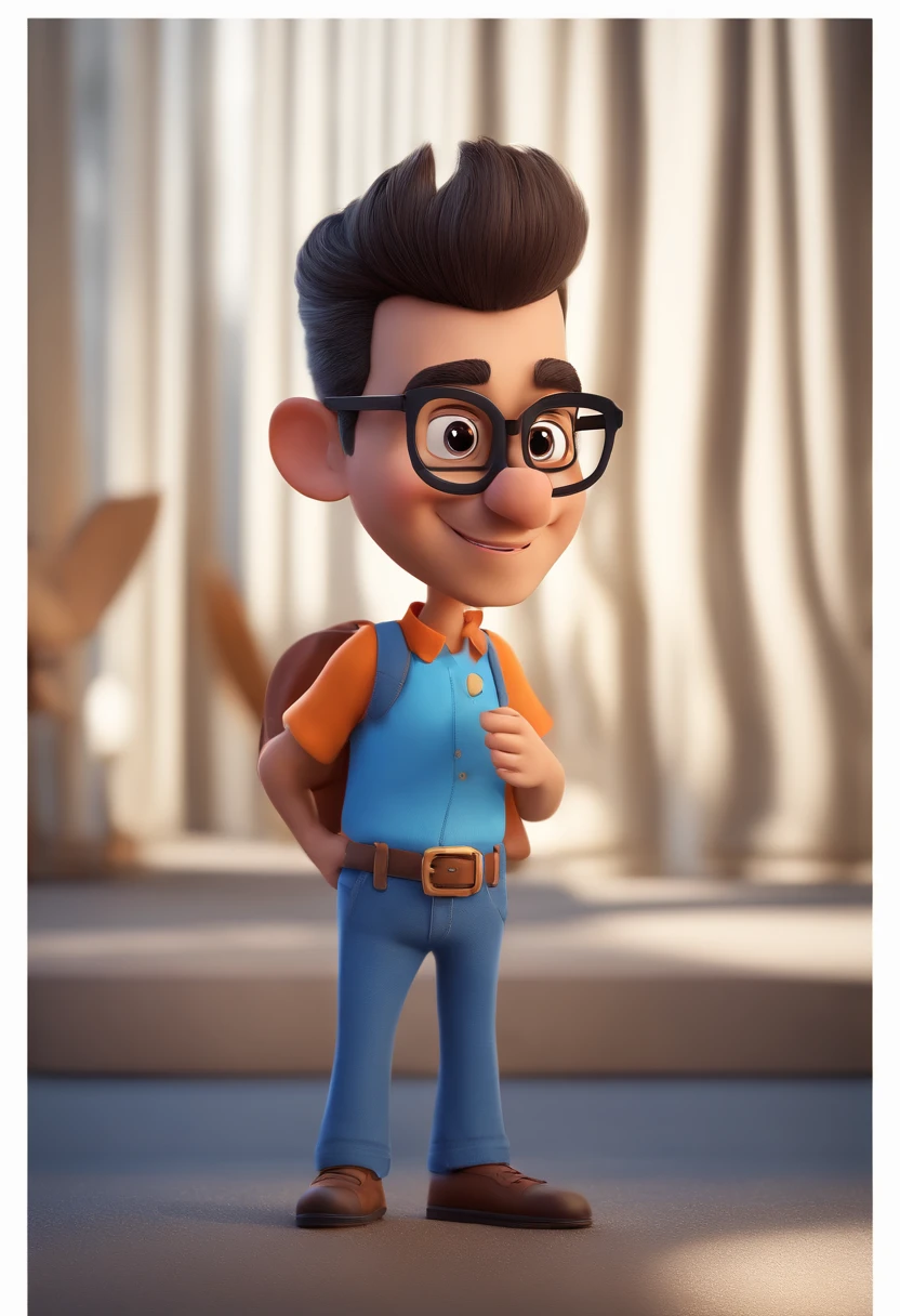 Cartoon character of a man with black glasses and a blue shirt, animation character, Caractere estilizado, animation style rendering, 3D estilizado, Arnold Maya render, 3 d render stylized, toon render keyshot, Personagem 3D, Personagem 3D, 3d rendering stylized, 3 d character render, personagem de desenho animado, Personagem de close up, Pose de personagem, (Estilo Pixar) (master part:1.2) (Bokeh) (best quality) (pele detalhada) (textura detalhada) (8k) (argila) (Cinematic lighting) (foco nítido