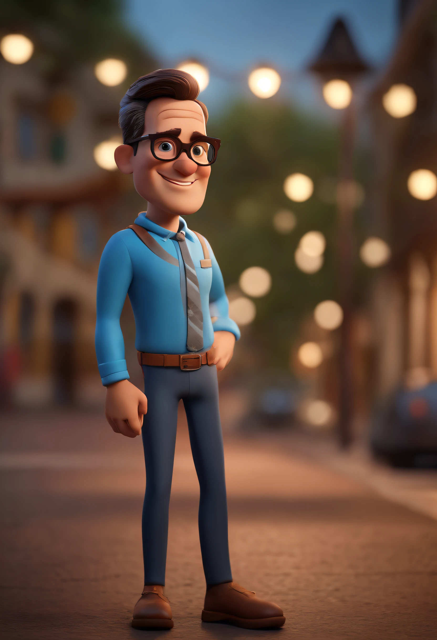 Cartoon character of a man with black glasses and a blue shirt, animation character, Caractere estilizado, animation style rendering, 3D estilizado, Arnold Maya render, 3 d render stylized, toon render keyshot, Personagem 3D, Personagem 3D, 3d rendering stylized, 3 d character render, personagem de desenho animado, Personagem de close up, Pose de personagem, (Estilo Pixar) (master part:1.2) (Bokeh) (best quality) (pele detalhada) (textura detalhada) (8k) (argila) (Cinematic lighting) (foco nítido