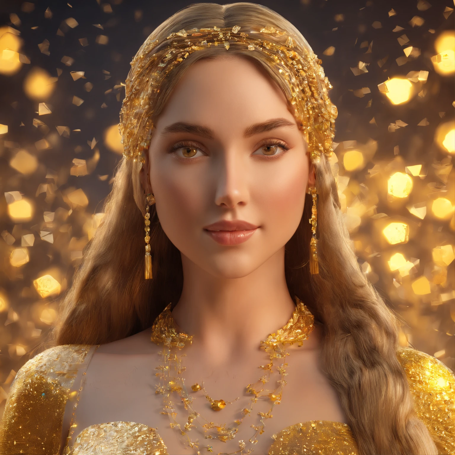 Excelente Obra-Prima, parte superior do corpo, (adulto: 1.6) Hungarian woman, (Risadinha: 0.4), arms behind her head, Golden braids, olhos brilhantes, Vestido de sol vitoriano, Floating particles of light, Centrado, Adicionado detalhe facial