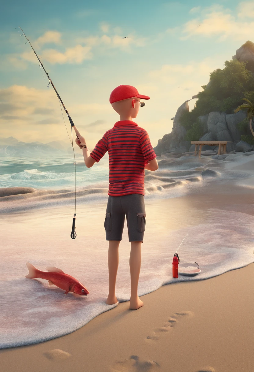 skinny, bald boy in a cap, fishing for a big fish on the beach, wearing a black and red striped blouse