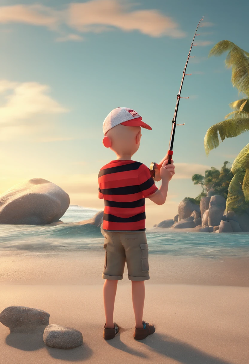 skinny, bald boy in a cap, fishing for a big fish on the beach, wearing a black and red striped blouse