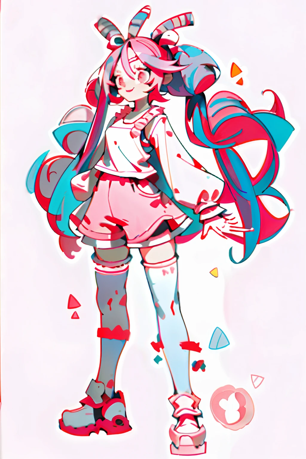 Crazy, girl, long hair, curly hair, pink hair, full body picture, pink eyes, heart shaped pupils, insane smile, blood splatter, 1GIRL, insane girl in long pink hair, crown, princess bubblegum style, finely detailed, (best quality), (intricate details), cute style, loli, jester style, multicolored, ((long pink messiest hair in pigtails)), best quality, ((long sleeve shirt and shorts)), ((red and white clothes)), ((jester style clothes)), ((thigh high socks)), ((round eyes)), ((has jester makeup)), beautiful face, happy, cute face, pinup, perfect face, simple background portrait, clowh hear cards, bubble gums