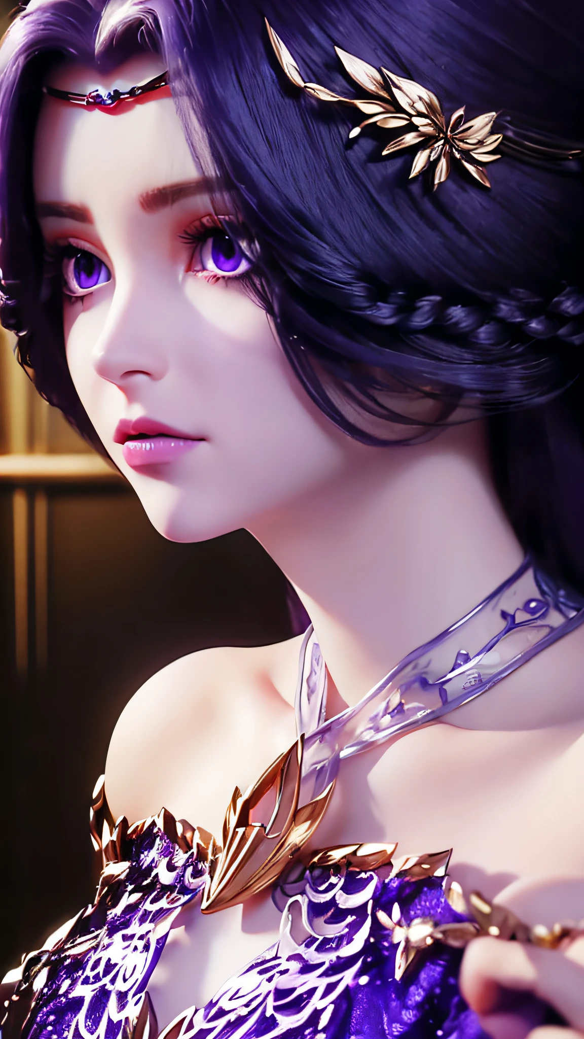A beautiful and sexy 20 year old girl, Very sexy girl in thin strapless purple pajamas, Purple silk dressing gown，Sexy lace trim, Long purple hair and bangs, and jewels. Thinnest、The most beautiful hair, ((Wear a purple lace necklace: 1.6)), Super cute little face, very pretty look face, Sparse eyebrows, beautiful and flawless face, (black eye pupil: 0.8)), verybeautifuleyes, ((Purple eyes:1.4)), Beautiful makeup and fine eyelashes, High nose, Earrings, Red lips, ((Closed mouth:1;5 )) Beautiful lips, Slim arms, The most beautiful thighs, ((2 arms spread out to the sides: 1.5)), Rosy face, Clean face, flawless and beautiful face, Smooth white skin, (Big chest: 1.5)), ((Protruding breasts: 1.5)), Plump breasts, The beautiful, ((Large, Round breasts: 1.8)), ((Ultra-tight breasts: 1.5)), Beautiful breasts, 2 hands behind your back, The upper body of a beautiful girl, 8k photograph, Super high quality, Super realistic, 10x Super Pixel, Realphotos, Dark Studio, Light border, Two-tone light color, (High detail skin: 1.2), Super 8K, Soft light, High quality, volumettic light, Realistic, Photo, high resolution, Light, best photos, 4K, 8K quality, blurry effect, Smooth and sharp, 10 x pixels, (milky ways: 1.7) ), extreme light, Lightning, Surreal graphics, The most realistic graphics, Alone, Solo, Extremely sharp, surreal image, (((Frontal portrait :1.2) ))."