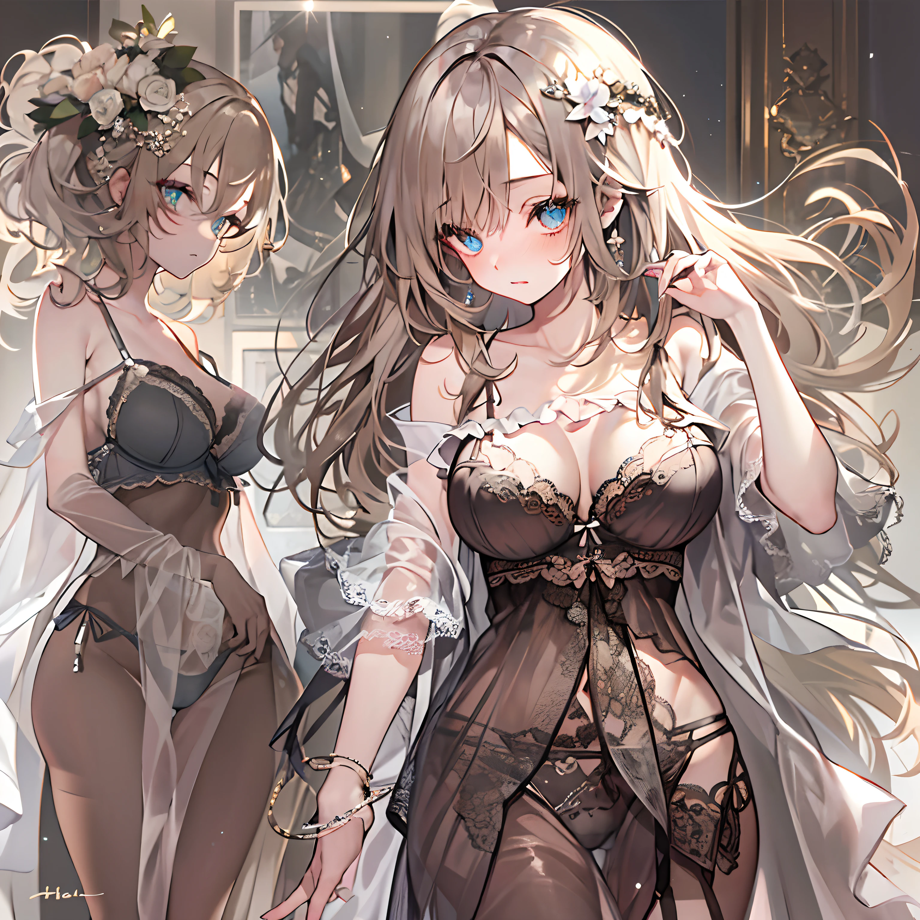 (1 girl in)、(​masterpiece:1.3)、(Beautiful fece:1.2)、(hightquality:1.2)、(Fine details:1.2)、(beautidful eyes:1.5)、portlate、realisitic、3D顔、(Bright eye:1.1)、shinny hair、shinny skin、alone、embarrassed from、hason、brown haired、black eyes、(an lingerie:1.3)、full bodyesbian、Excellent anatomical structure、pretty pose、pretty hand、cammel toe，Naked and standing，Beautiful skin，Model body type