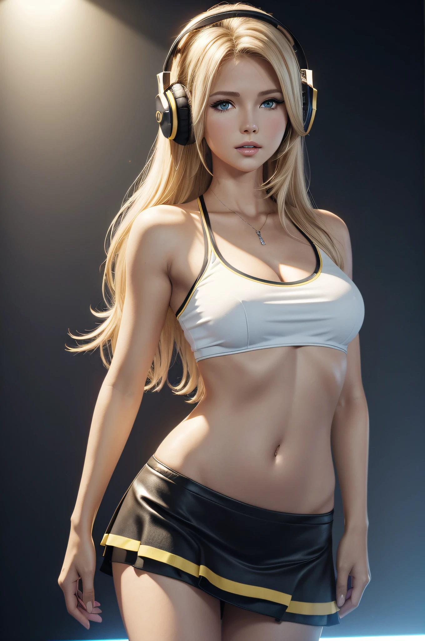(ultra high definition), (ultra high resolution), (full sharpness), (maximum quality), (Cinematic), (8k), (E-Girl), (streamer)(extremely beautiful), ((blonde hair)), (alone), ((full body)), (ultra detailed face), (ultra detailed eyes), (realist eyes), ((slim)), (perfect body), (delicate hands), (ultra detailed hands), (perfect hands), (studio lighting), ((side view)), (soft skin), ((pearl skin)), (very insinuating), ((thin waist)), ((very small breasts)), (natural texture skin), (unique), (totally realistic), (so sweet), ((gamer room)), ((always repeat the same face)), (wearing short and shirt)